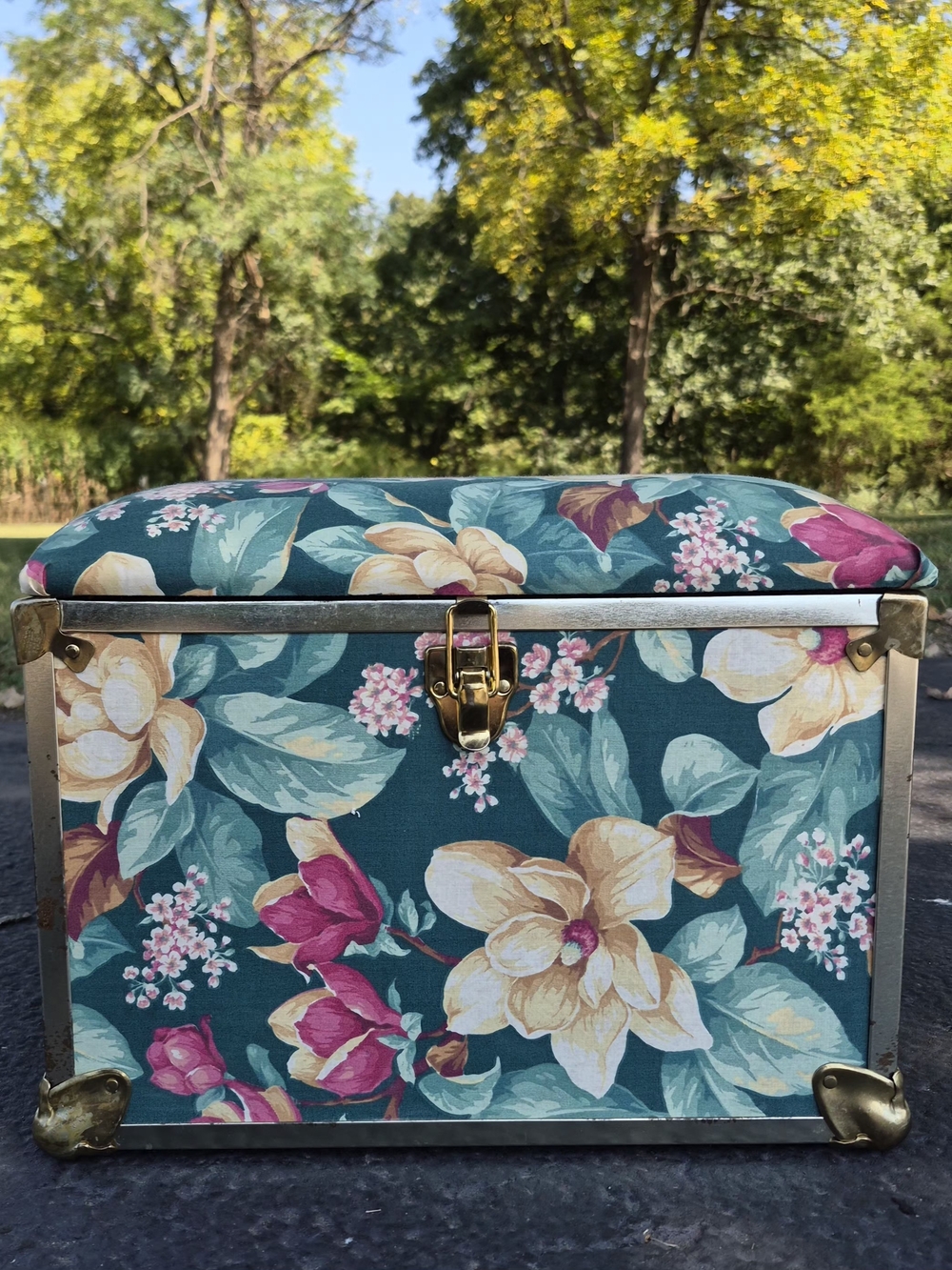Floral Fabric Storage Trunk in Teal and Pink - Decorative Home Organizer By Deco